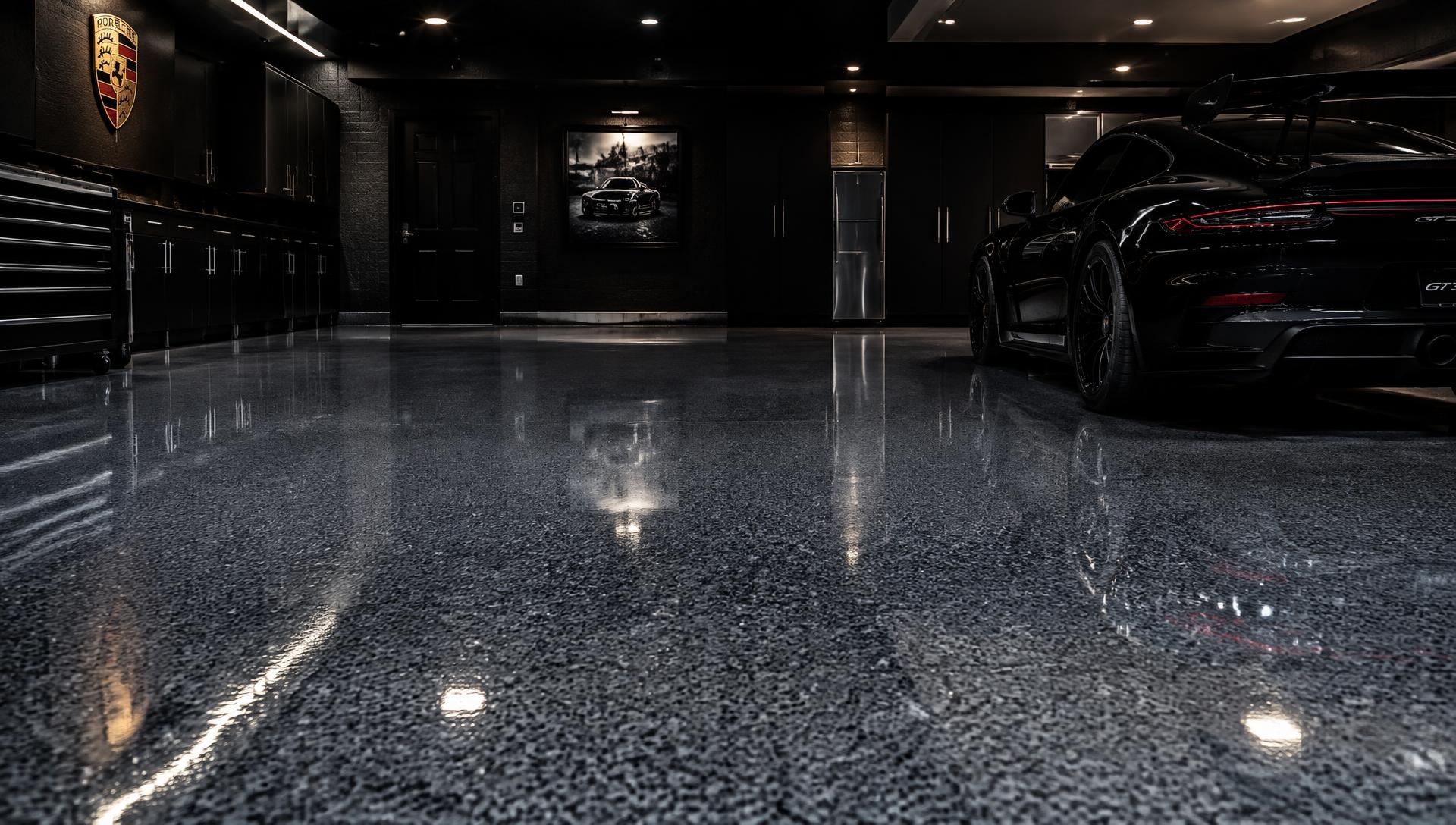 Showroom-quality dark flake epoxy garage floor